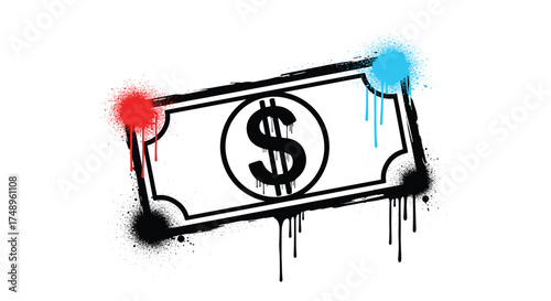 A stylized representation of a dollar bill adorned with graffiti-like splatters and drips in red blue and black.