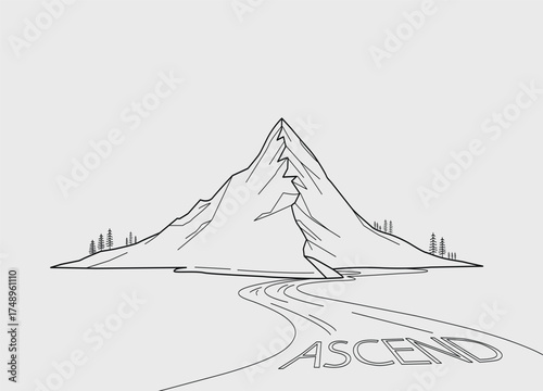 Minimalist Line Art Mountain Landscape with Ascend Word Art Inspiring Journey and Growth Illustration