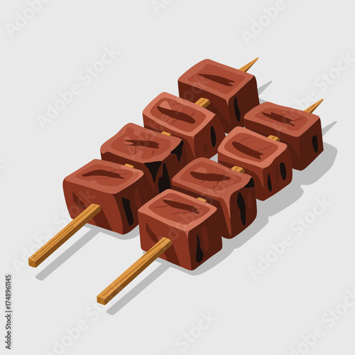 Two Skewers of Grilled Meat Cubes, Traditional Indonesian Satay Style, Isolated Vector Illustration.