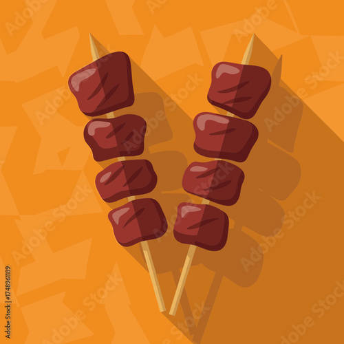 Two Grilled Meat Satay Skewers with Long Shadows on an Orange Patterned Background, Flat Design.