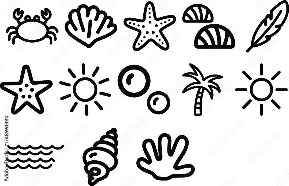 Fototapeta premium Vibrant collection of summer beach icons featuring crab, seashell, and starfish
