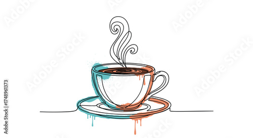 A warm cup of coffee with steam rising from it, artfully illustrated with a splash of color.