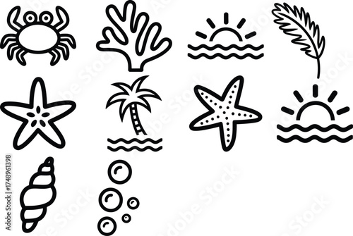 Dreamy beach icons for summer designs featuring palm trees and sunshine vibes