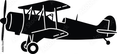 vintage airplane with propeller and wings spread, side profile, solid black silhouette