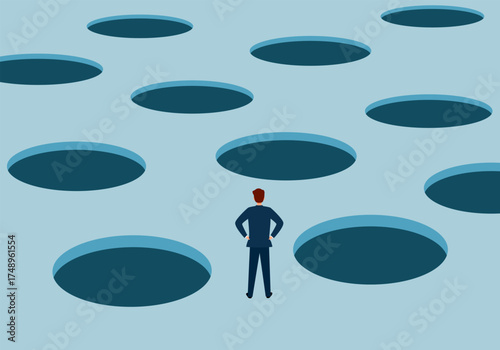 Pitfall concept as a vulnerable businessman facing risky business peril deep holes as an uncertainty stress idea