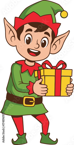 Cartoon elf holding a yellow gift box with a red bow on transparent background