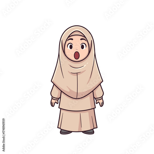 Shocked Muslim Child Girl in Hijab with Wide Open Mouth Full Body