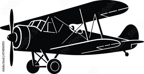 vintage airplane with propeller and wings spread, side profile, solid black silhouette
