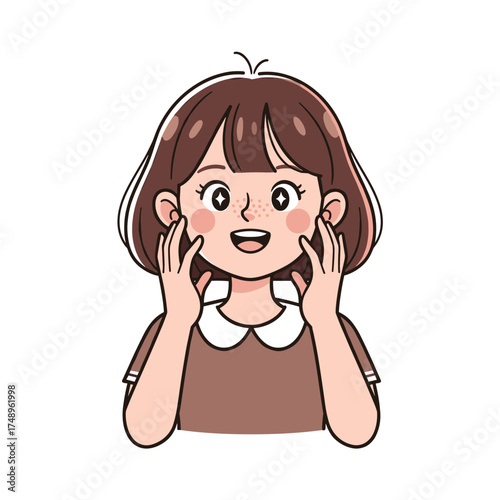 Smiling Young Girl with Freckles and Hands on Cheeks