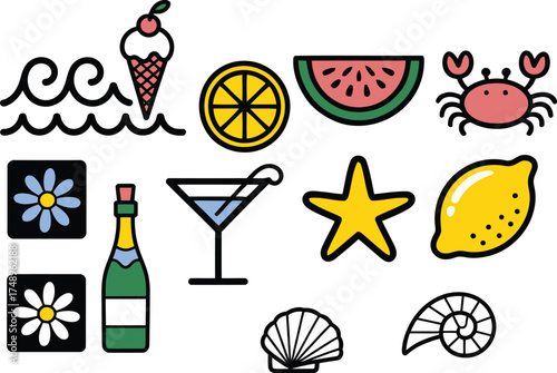 Summer vibes with fruity cocktails, ice cream and shells for fun vacation designs