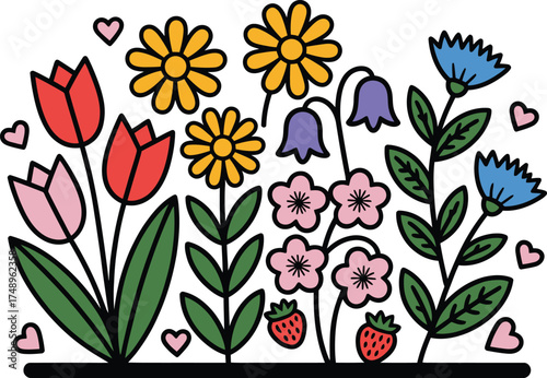 Vibrant wildflowers, strawberries, and hearts create a delightful garden pattern