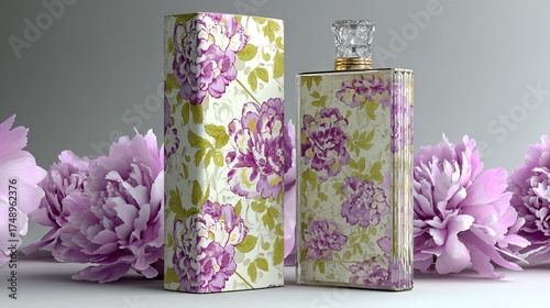 Elegant floral patterned perfume bottle and box set surrounded by lush pink peonies evoking luxury and feminine charm, perfect for beauty and fragrance marketing.