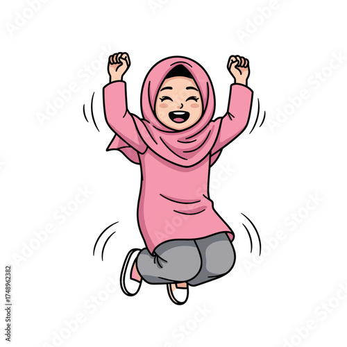Energetic Muslim Woman in Hijab Jumping High with Joyful Hands Up, Celebration Vector