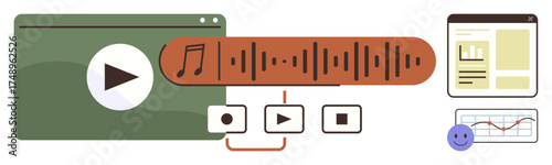 Media player with play button, audio waveform, control icons, webpage, and graph. Ideal for music tools, video streaming, user experience data analysis creativity design and tech concepts. Simple