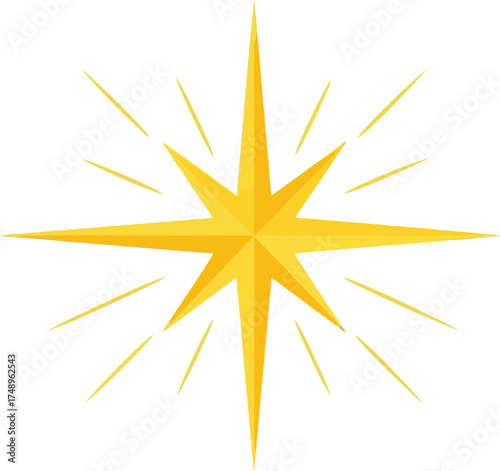 A golden star with radiating light beams on a plain  design on transparent background