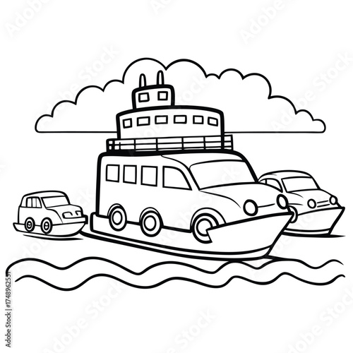Printable Coloring Page Featuring a Ferry Transporting Vehicles Across a River or Sea