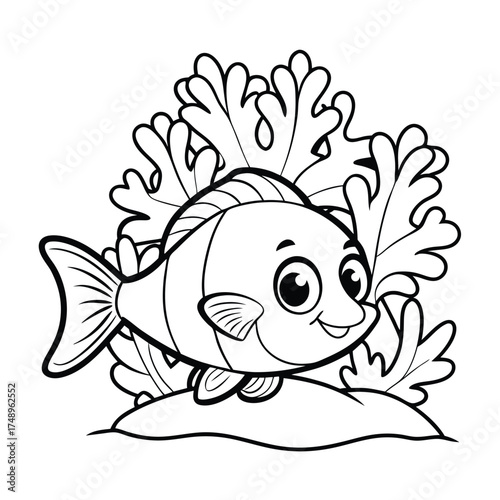 Coloring Page Featuring a Playful Fish Hiding in a Coral Reef