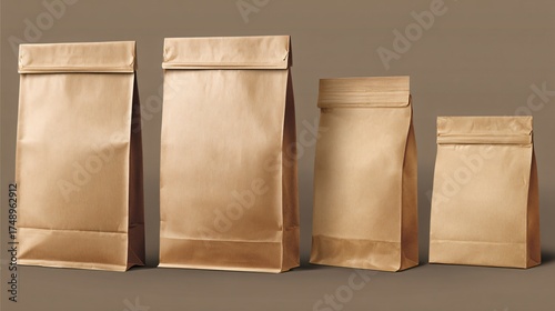 Four blank brown paper bags stand ready for branding, showcasing a clean, modern presentation for product packaging and merchandise.