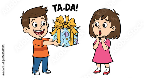 Excited boy presents a beautifully wrapped surprise gift to a delighted and surprised little girl with a 'Ta-da!' flourish