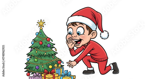 Excited cartoon boy in pajamas and a Santa hat whispering to a Christmas tree with gifts