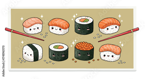 Illustration of eight pieces of cute sushi with smiling faces, arranged on a light brown background with chopsticks and small grains.