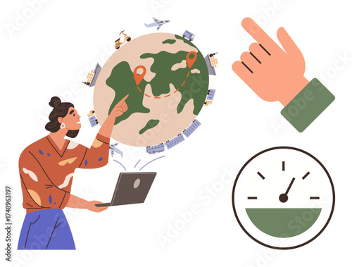 Woman points at a globe with transportation modes while holding a laptop. Includes a pointing hand and speedometer. Ideal for logistics, shipping, technology, efficiency, global trade, management