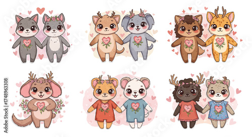 An illustration of six pairs of cute cartoon animals holding hands, each pair featuring different animal species, adorned with hearts and floral accents.