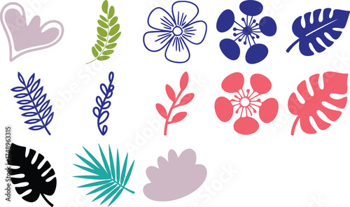 Create vibrant designs with this delightful set of tropical leaves and flowers