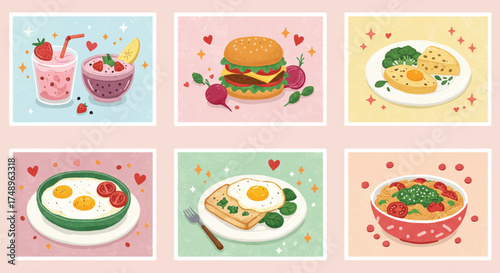 Six cute illustrations of various food dishes: smoothies, burger, eggs with vegetables, and a bowl of pasta, all in a pastel color palette.