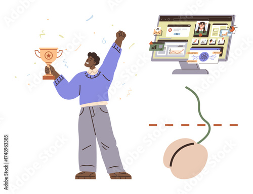 Man raising trophy in joy, computer monitor displaying graphs and profile, and a sprouting seed. Ideal for success, motivation, growth, self-improvement, achievement, personal development simple