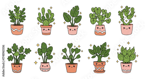 Ten potted plants with cute faces and sparkling accents, arranged in two rows against a white background.