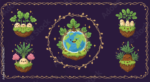 Illustration featuring a smiling Earth globe surrounded by greenery, alongside other small landmasses with plants and cute, smiling root vegetables.