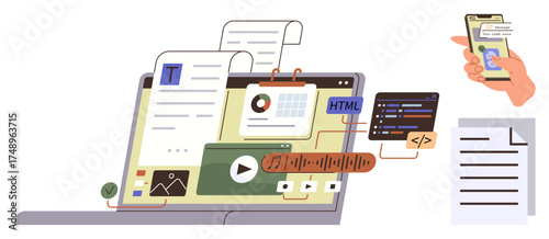 Laptop screen featuring content types thumbs up text, charts, images, videos, and code snippets, paired with mobile device and tasks. Ideal for productivity, creativity, collaboration tech remote