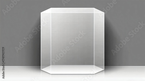 Modern empty glass display case for showcasing products, advertising, or presenting luxury items against a neutral backdrop