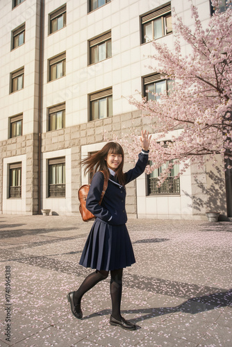 Friendly High School Girl Saying Hello, Youthful Student Looking at Camera, Girl in Uniform Walking to School