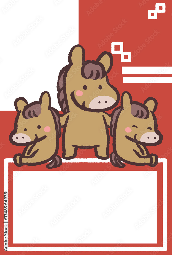 Fototapeta premium 馬家族の赤いポップなフレームイラスト