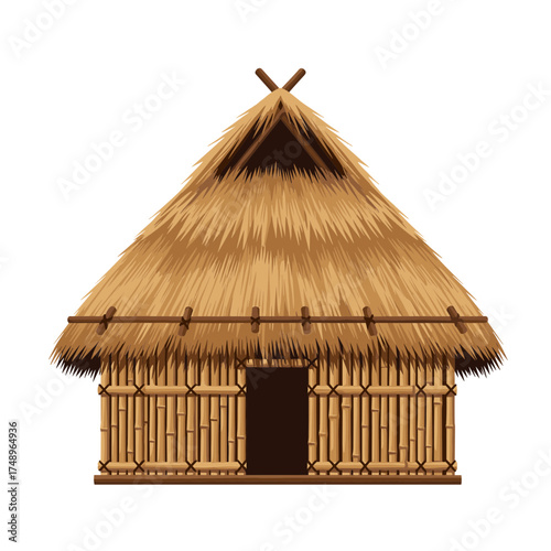 Traditional bamboo hut with a rustic thatched roof, characteristic of Southeast Asian or tropical village dwellings.