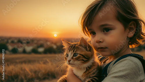 Child holding a cat at sunset in cinematic warm light