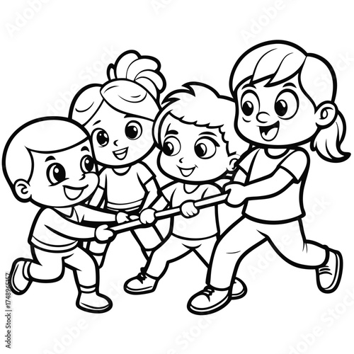 Children Engaged in a Playful Tug of War Competition Coloring Page