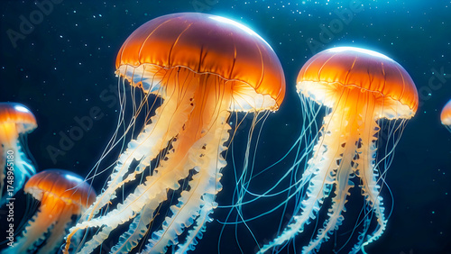 Graceful jellyfish glowing underwater in deep blue ocean