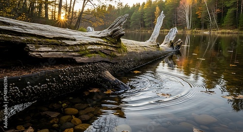Wallpaper Mural Sunlit Log Resting in Calm Lake Water at Sunset. Torontodigital.ca