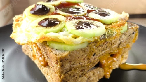 Close up egg and cucumber sandwich , indoor Chiangmai Thailand.