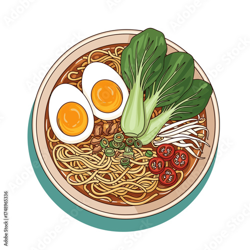 Asian Ramen Noodles Soup Bowl with Bok Choy, Eggs, and Vegetables Vector Illustration