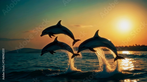 Three dolphins jumping over ocean waves at sunset with golden light