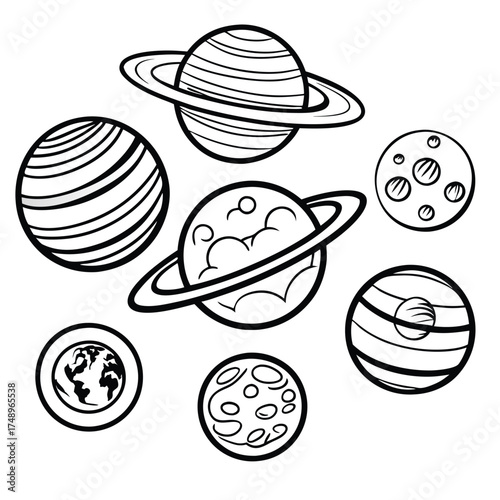 Coloring Page of a Solar System with Planets, Stars, and Moons
