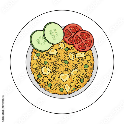 Vegetable Nasi Goreng Illustration: Indonesian Fried Rice with Cucumber and Tomato Slices, No Egg