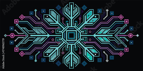 Circuit Board Snowflake Design Technology Inspired Aquamarine Purple Ornament Cybernetic Pattern Digital Winter Decoration Technical Scheme Complex Frozen Element