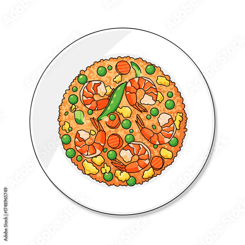 Illustration of Nasi Goreng with Shrimp, Peas, and Carrots, Classic Indonesian Seafood Fried Rice