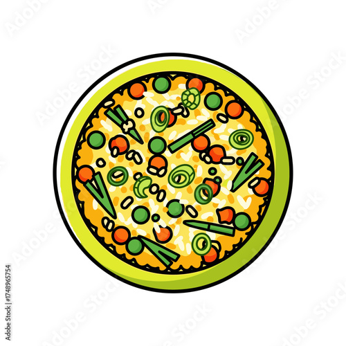 Vibrant Illustration of Vegetarian Nasi Goreng with Green Onions, Peas, and Carrots