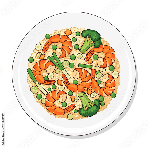 Illustration of Nasi Goreng with Shrimp, Broccoli, and Scallions, Flavorful Asian Fried Rice Dish